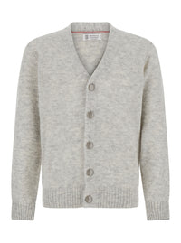 Brunello Cucinelli Men Grey V-Neck Cardigan With Logo-Engraved Buttons In Alpaca And Cashmere Blend For Men