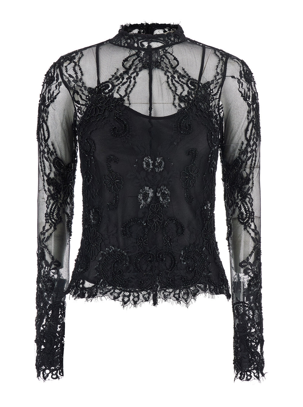 Blumarine Women Black High-Neck Top With Semi-Sheer Design And Rhinestones In Tech Fabric For Women