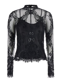 Blumarine Women Black High-Neck Top With Semi-Sheer Design And Rhinestones In Tech Fabric For Women