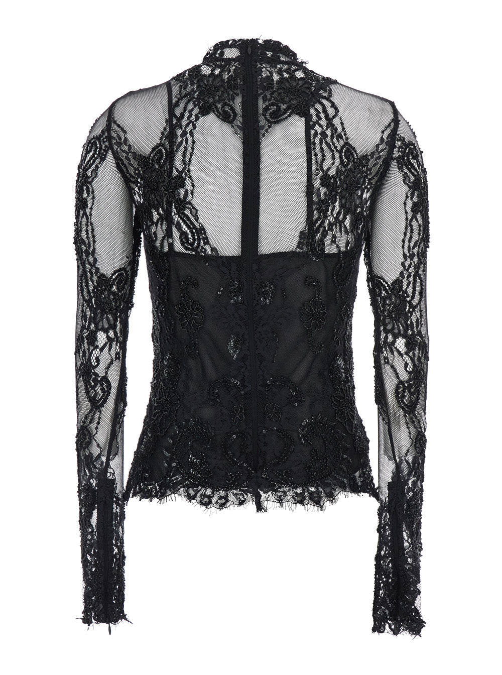 Blumarine Women Black High-Neck Top With Semi-Sheer Design And Rhinestones In Tech Fabric For Women