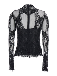 Blumarine Women Black High-Neck Top With Semi-Sheer Design And Rhinestones In Tech Fabric For Women