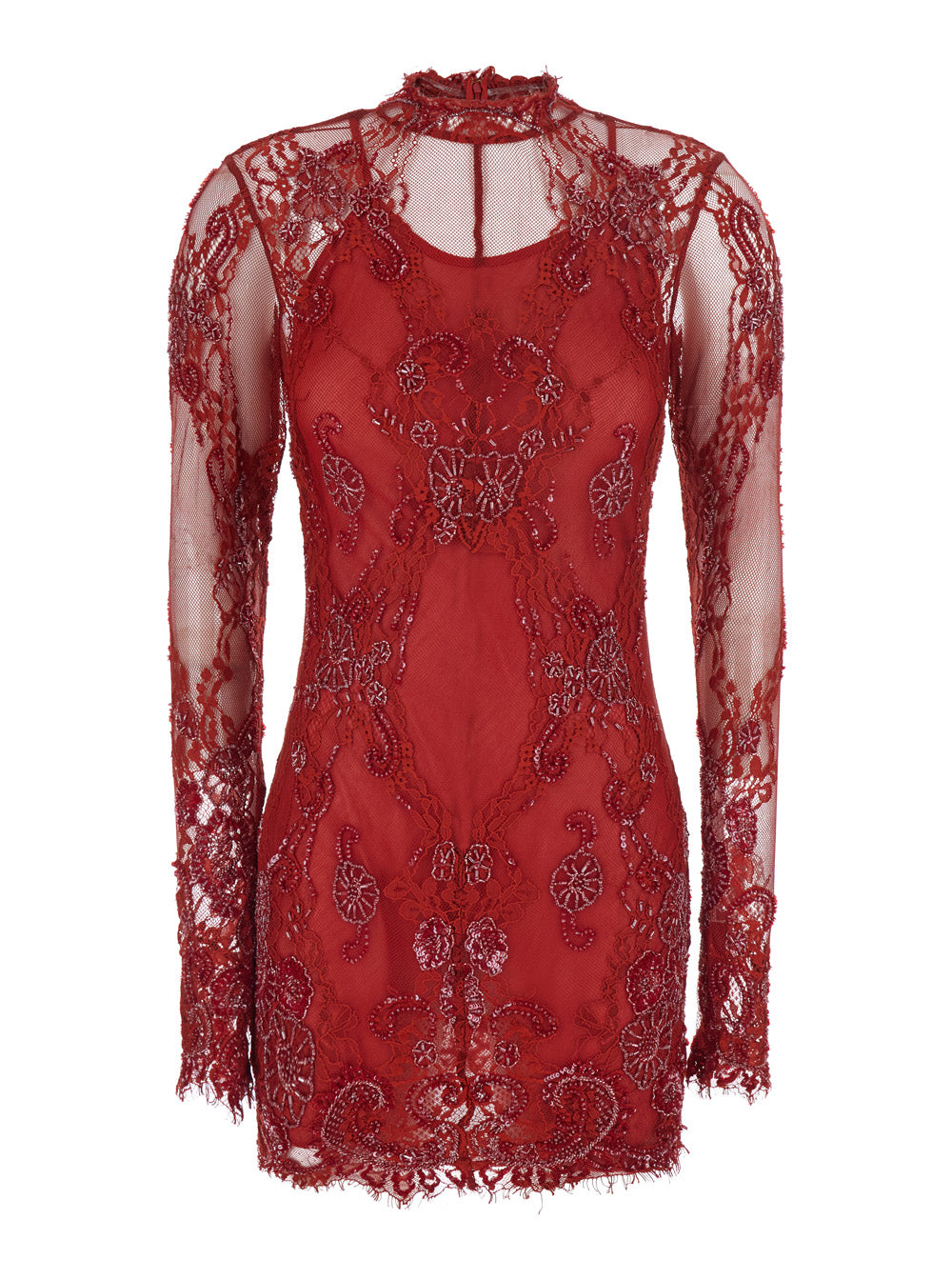 Blumarine Women Red Dress With Stand-Up Collar And Semi-Sheer Design With Rhinestones In Tech Fabric For Women