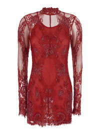 Blumarine Women Red Dress With Stand-Up Collar And Semi-Sheer Design With Rhinestones In Tech Fabric For Women