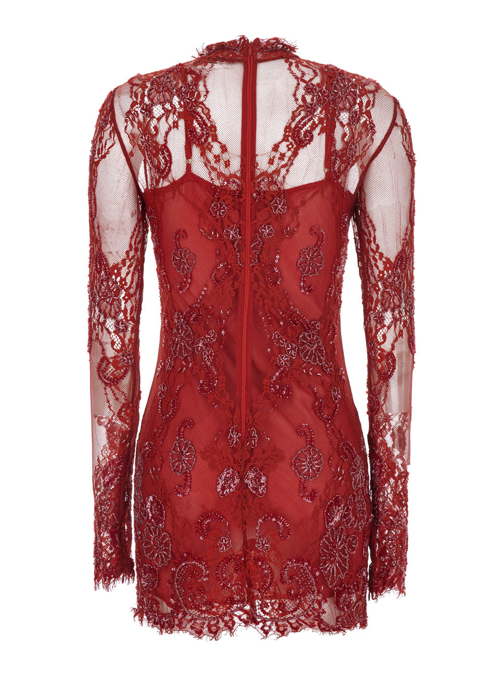 Blumarine Women Red Dress With Stand-Up Collar And Semi-Sheer Design With Rhinestones In Tech Fabric For Women