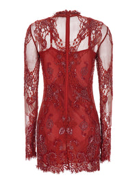 Blumarine Women Red Dress With Stand-Up Collar And Semi-Sheer Design With Rhinestones In Tech Fabric For Women
