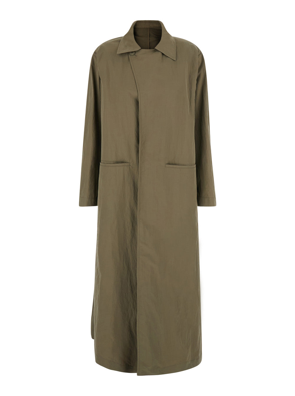 Gucci Women Beige Long Trench Coat With Classic Collar And Two Welt Pockets On The Front In Tech Fabric For Women