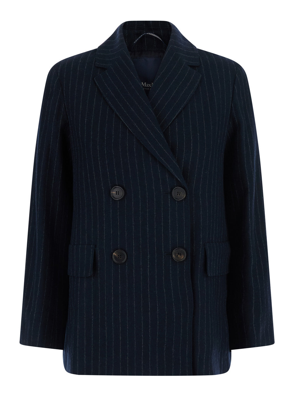 'S Maxmara Women 'Calibri' Blue Double-Breasted Jacket With Notched Revers And All-Over Pinstriped Motif In Wool For Women