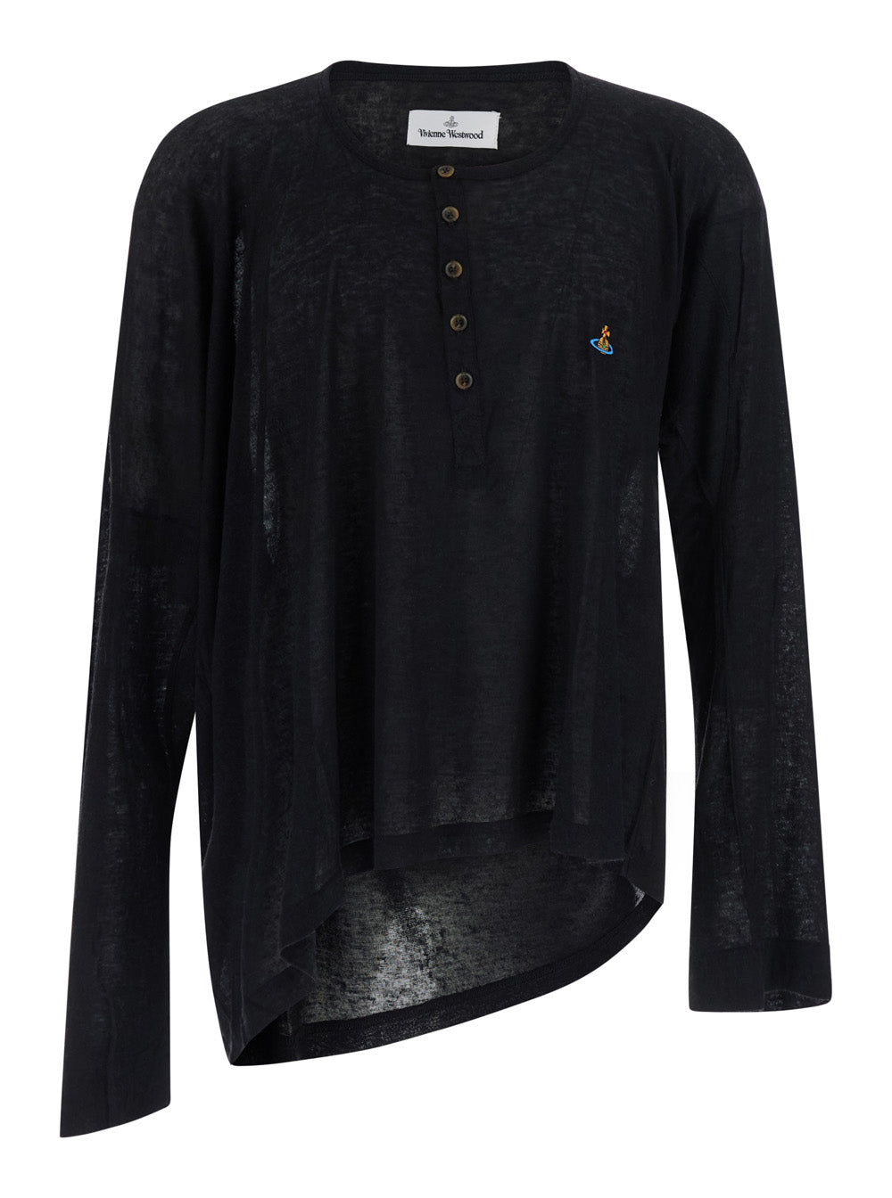 Vivienne Westwood Men Black Crew-Neck Top With Orb Embroidery On The Front And An Asymmetrical Hem In Viscose Blend For Men