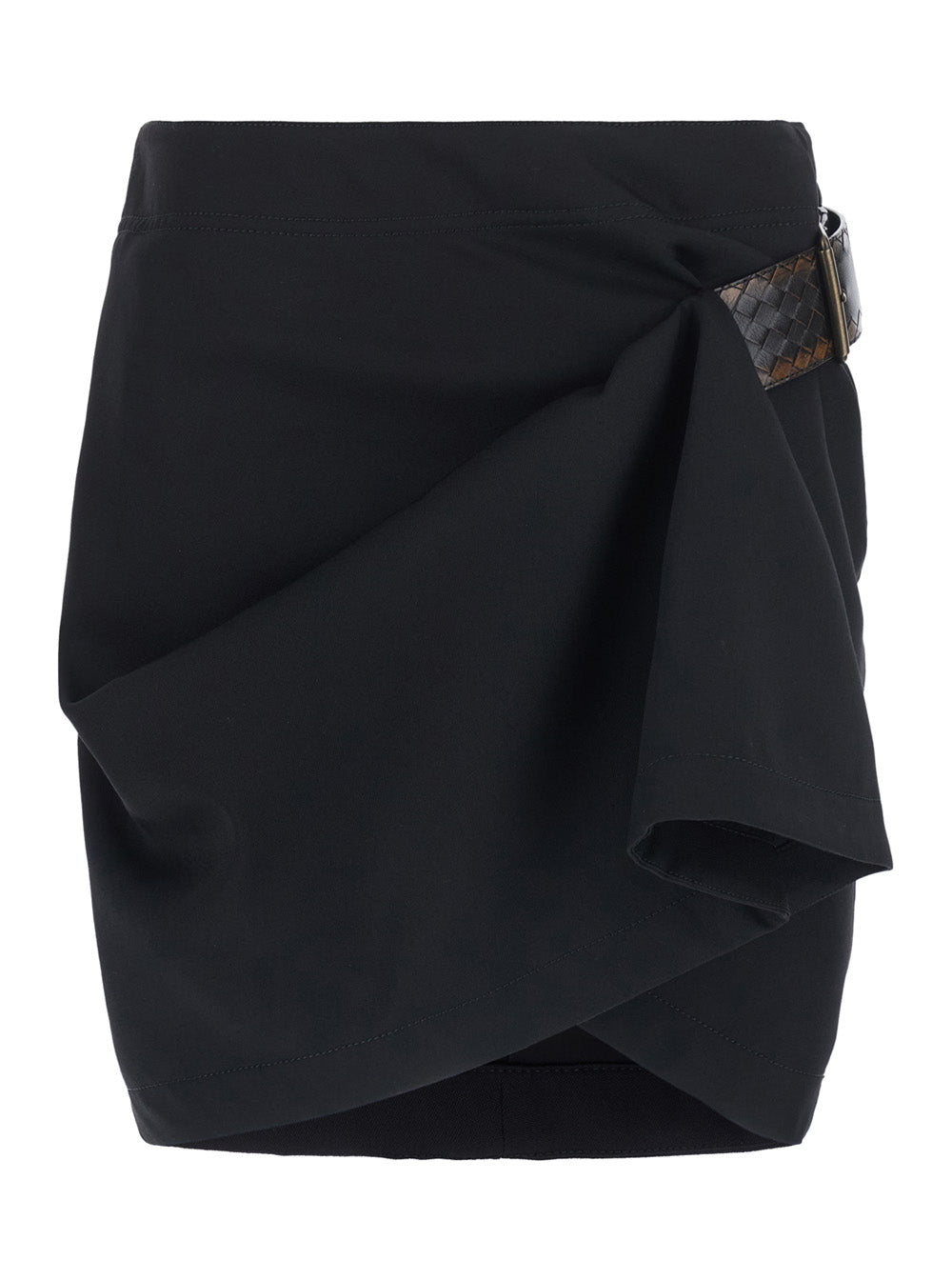 Bottega Veneta Women Black Miniskirt With Leather Belt With Intrecciato Motif And Front Ruffles In Wool For Women