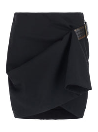 Bottega Veneta Women Black Miniskirt With Leather Belt With Intrecciato Motif And Front Ruffles In Wool For Women