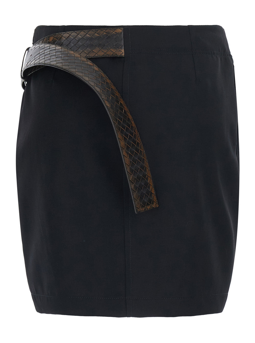 Bottega Veneta Women Black Miniskirt With Leather Belt With Intrecciato Motif And Front Ruffles In Wool For Women