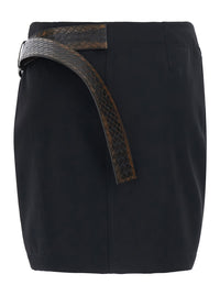 Bottega Veneta Women Black Miniskirt With Leather Belt With Intrecciato Motif And Front Ruffles In Wool For Women