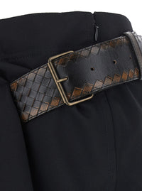 Bottega Veneta Women Black Miniskirt With Leather Belt With Intrecciato Motif And Front Ruffles In Wool For Women