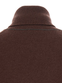 Brunello Cucinelli Women Brown Turtleneck Sweater With Monile On The Neck In Cashmere For Women