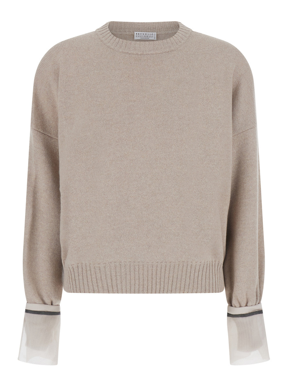 Brunello Cucinelli Women Beige Crewneck Sweater With Monile Detail On The Cuffs In Cashmere For Women