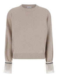 Brunello Cucinelli Women Beige Crewneck Sweater With Monile Detail On The Cuffs In Cashmere For Women