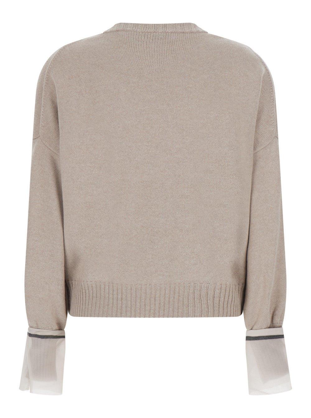 Brunello Cucinelli Women Beige Crewneck Sweater With Monile Detail On The Cuffs In Cashmere For Women
