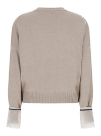 Brunello Cucinelli Women Beige Crewneck Sweater With Monile Detail On The Cuffs In Cashmere For Women