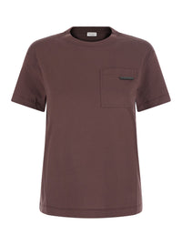 Brunello Cucinelli Women Brown Crew Neck T-Shirt With A Patch Pocket With Monile On The Front In Cotton For Women