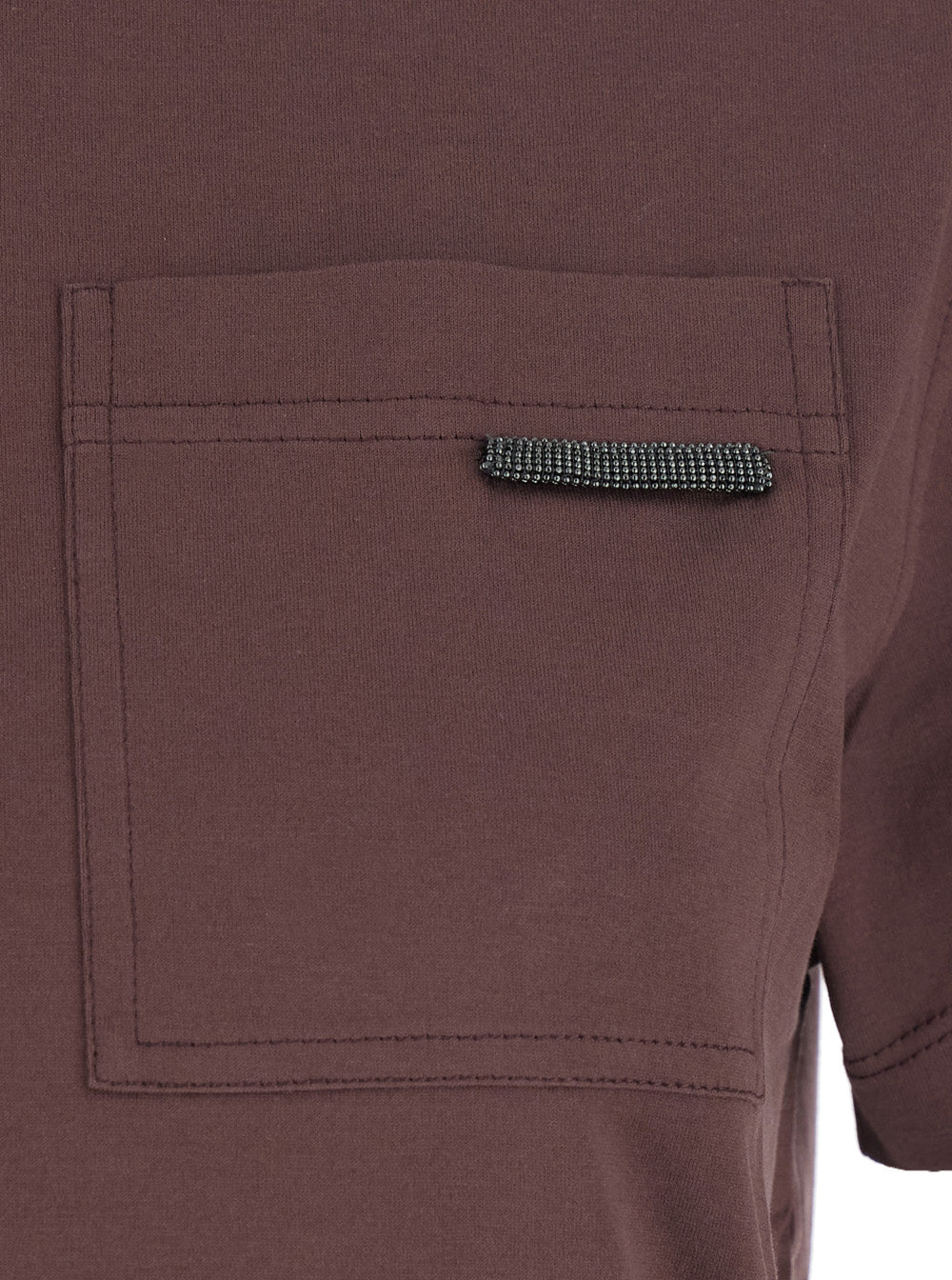 Brunello Cucinelli Women Brown Crew Neck T-Shirt With A Patch Pocket With Monile On The Front In Cotton For Women