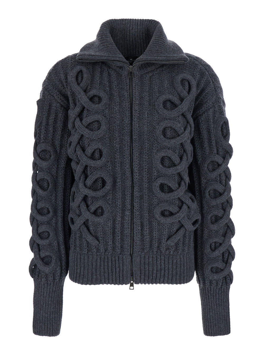 Etro Women Grey High-Neck Cardigan With Chunky Embroidery On The Front And Ribbed Knit In Wool For Women
