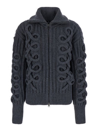 Etro Women Grey High-Neck Cardigan With Chunky Embroidery On The Front And Ribbed Knit In Wool For Women