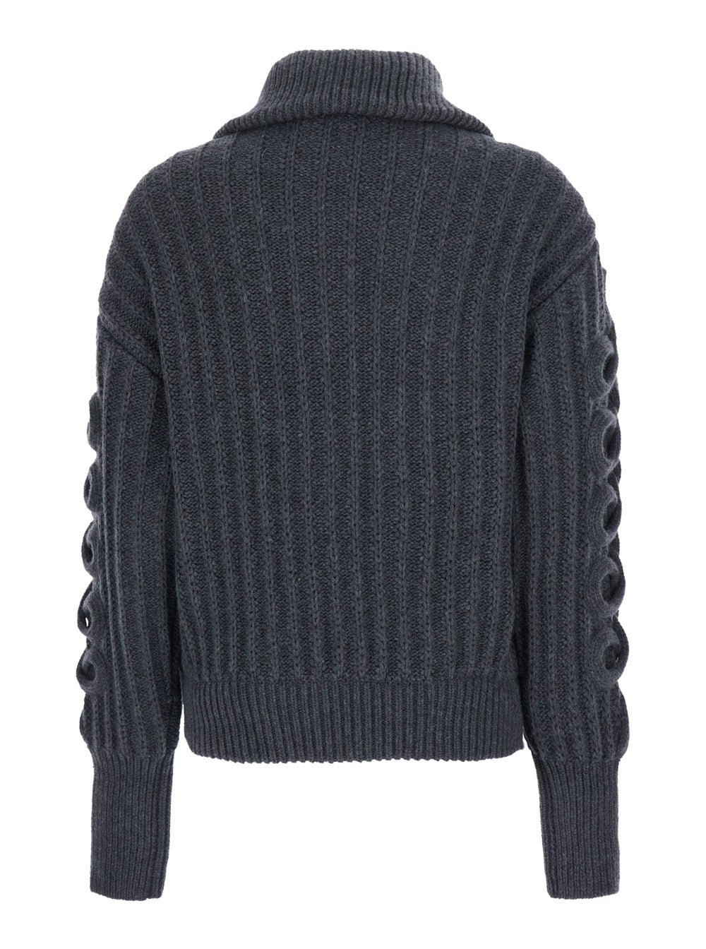 Etro Women Grey High-Neck Cardigan With Chunky Embroidery On The Front And Ribbed Knit In Wool For Women