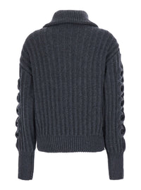 Etro Women Grey High-Neck Cardigan With Chunky Embroidery On The Front And Ribbed Knit In Wool For Women