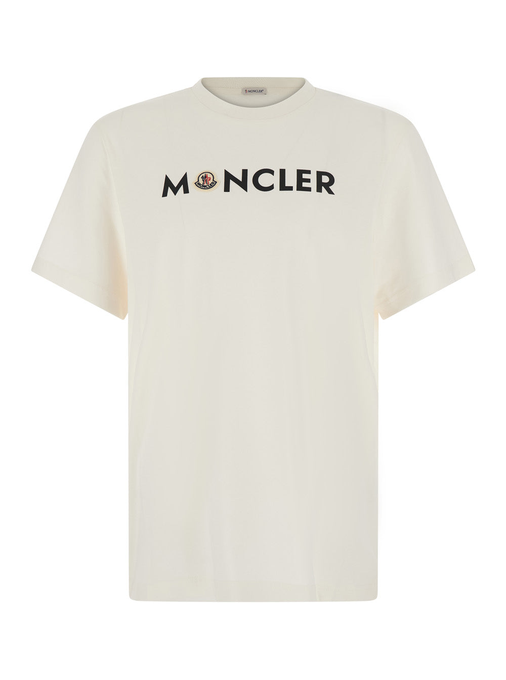 Moncler Men White Crew-Neck T-Shirt With Logo Lettering And Logo Patch On The Front In Cotton For Men