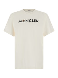 Moncler Men White Crew-Neck T-Shirt With Logo Lettering And Logo Patch On The Front In Cotton For Men