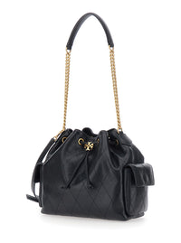 Tory Burch Women Shoulder Bag 'Charlie' With Drawstring Closure And Logo Plate On Front In Black Leather For Women