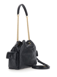 Tory Burch Women Shoulder Bag 'Charlie' With Drawstring Closure And Logo Plate On Front In Black Leather For Women