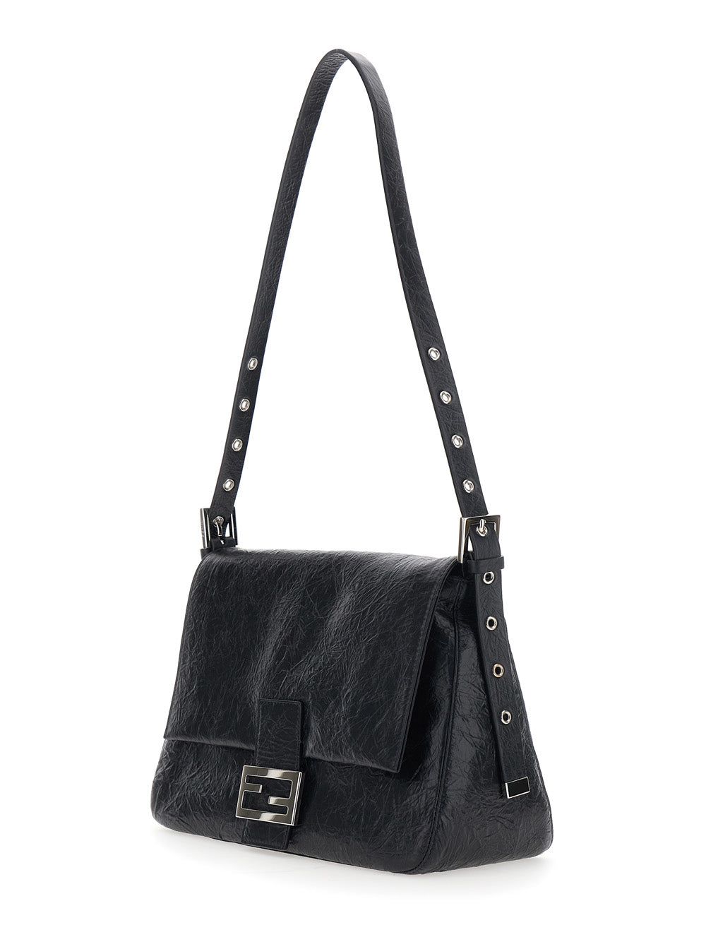 Fendi Women 'Niki' Black Shoulder Bag With Cassandre Plate On The Front And Chain Handles In Leather For Women