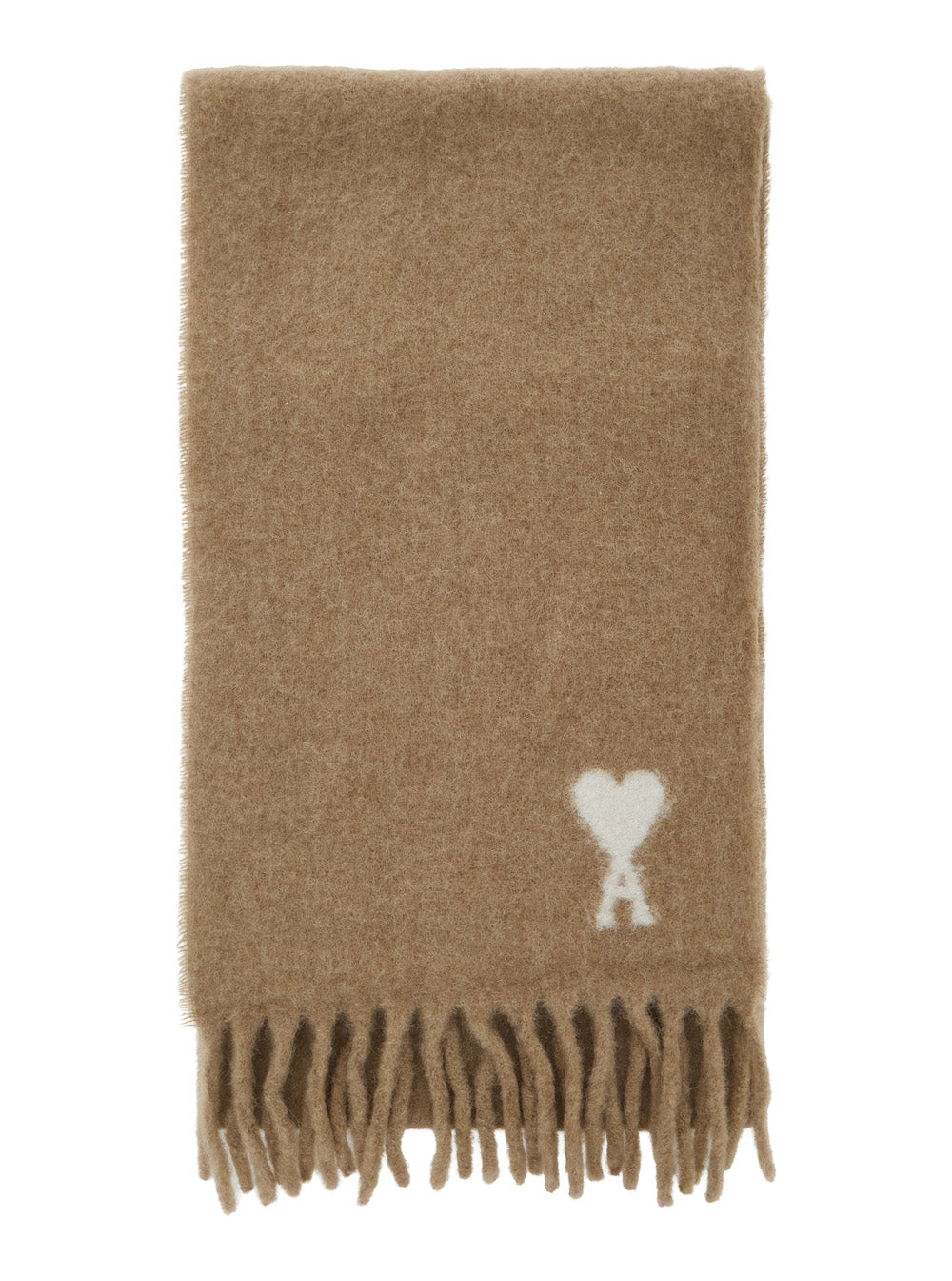Ami Paris Men Alpaca And Wool Scarf With Ami De Coeur Jacquard Beige Unisex
