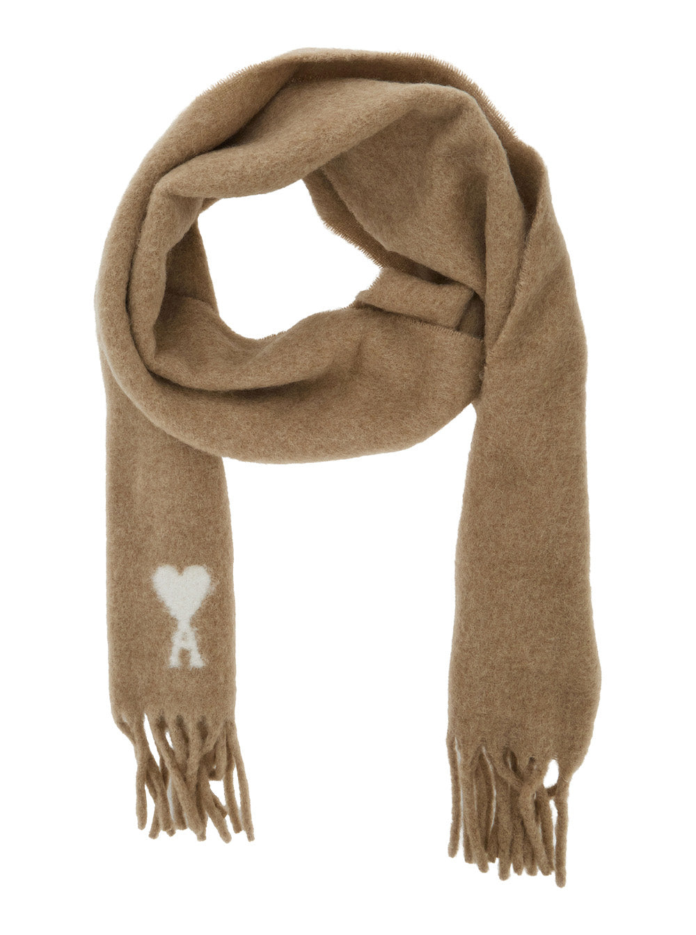 Ami Paris Men Alpaca And Wool Scarf With Ami De Coeur Jacquard Beige Unisex