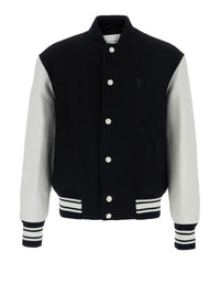 Ami Paris Men Jacket Teddy Padded With Leather Sleeves In Black Fabric