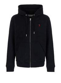 Ami Paris Men Black Zip-Up Sweatshirt With Ami De Coeur Logo In Red, Made Of Cotton, Unisex
