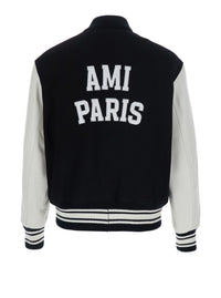 Ami Paris Men Jacket Teddy Padded With Leather Sleeves In Black Fabric