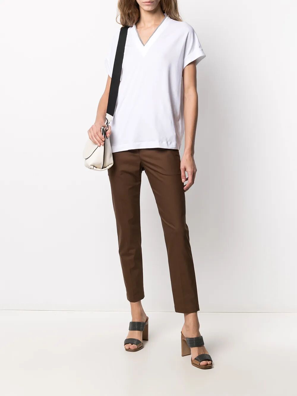 BRUNELLO CUCINELLI Brunello Cucinelli Women Monili Trim V-Neck Cotton T-Shirt