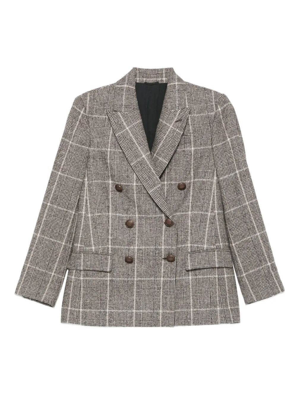 BRUNELLO CUCINELLI Brunello Cucinelli Women Alpaca And Wool Prince Of Wales Double-Breasted Blazer With Monili