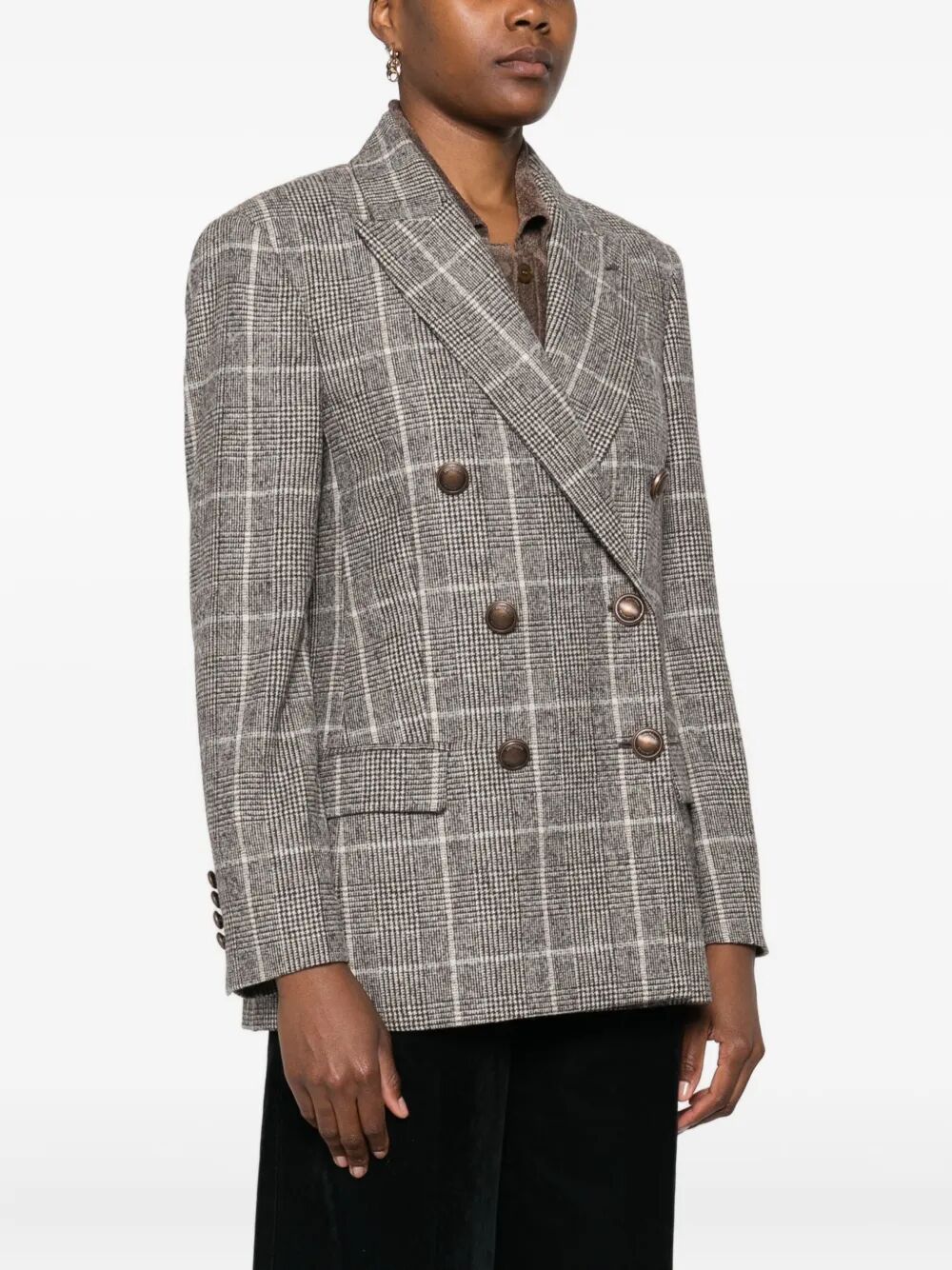 BRUNELLO CUCINELLI Brunello Cucinelli Women Alpaca And Wool Prince Of Wales Double-Breasted Blazer With Monili