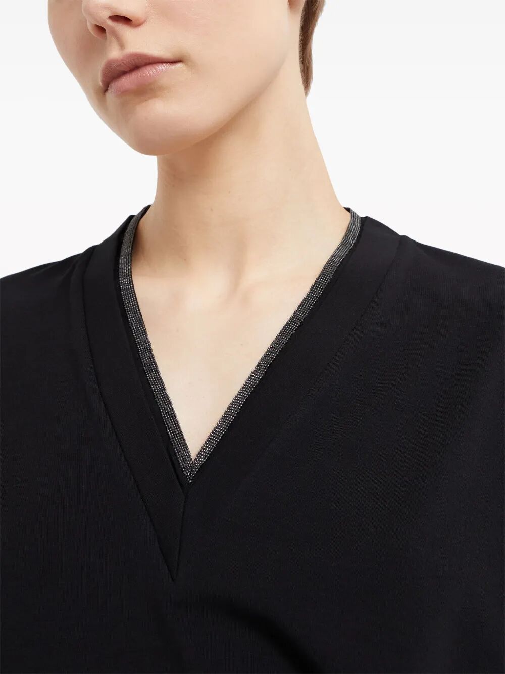 BRUNELLO CUCINELLI Brunello Cucinelli Women Monili Trim V-Neck Cotton T-Shirt