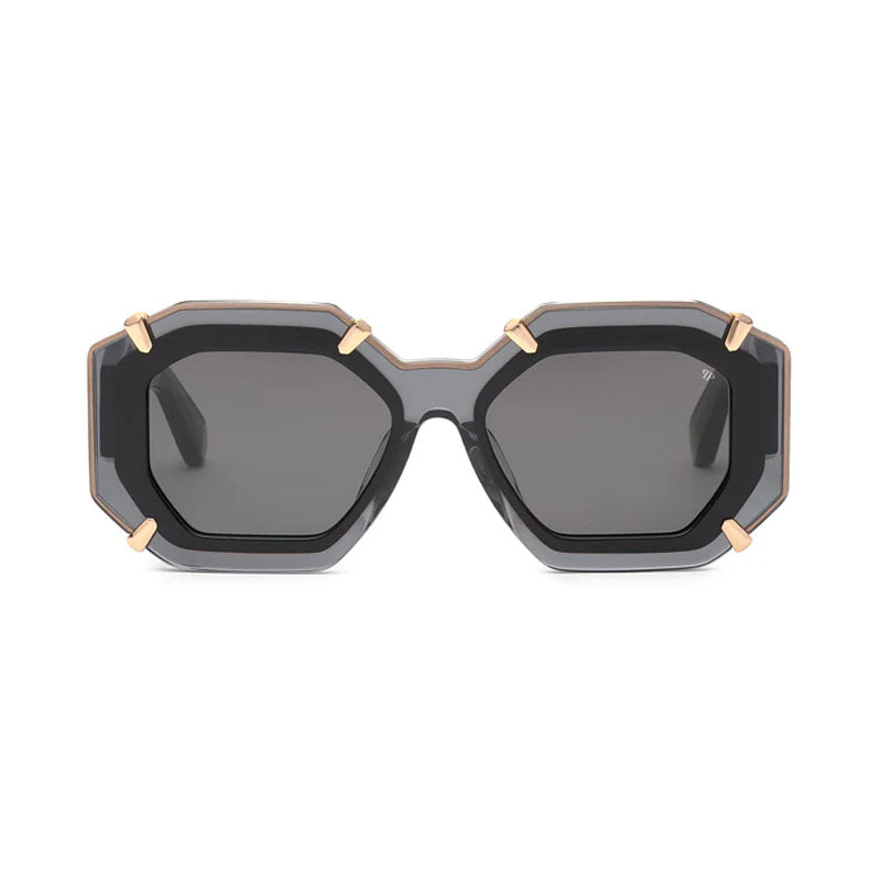 Philipp Plein Sunglasses Geometric Full Rim, Shiny Transparent Grey Frame and Grey Lens SPP098V0819