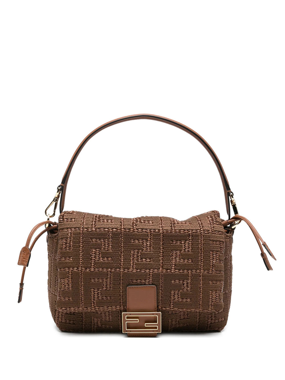 Fendi Women Mamma Baguette Medium Sellier Brown Raffia-Effect Woven Bag With Ff Embroidery