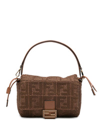 Fendi Women Mamma Baguette Medium Sellier Brown Raffia-Effect Woven Bag With Ff Embroidery