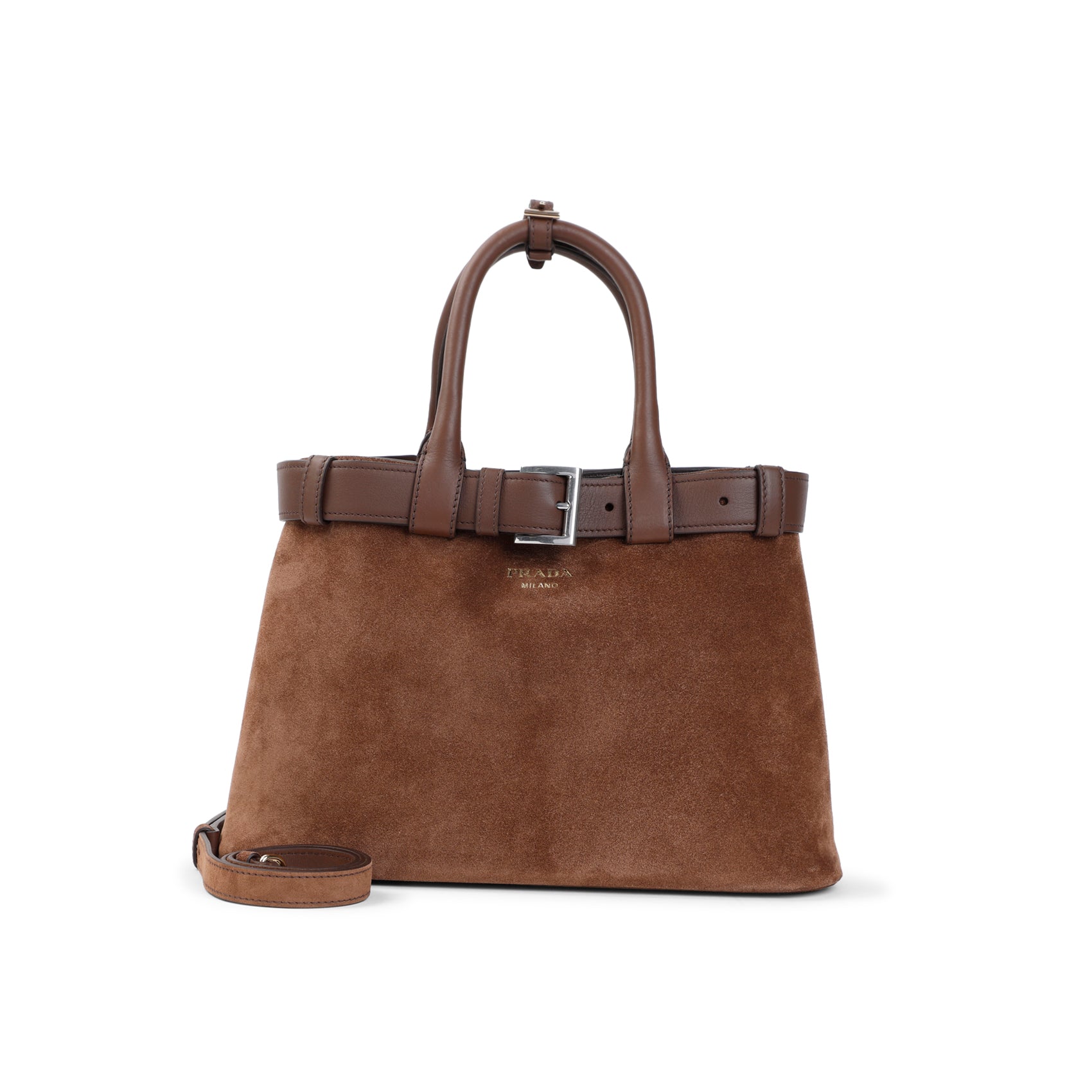 Prada Women Suede Prada Buckle Medium Handbag