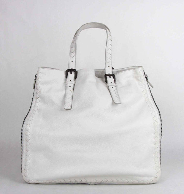 BOTTEGA VENETA Milk White Leather Zip Around Tote Bag Woven Detail