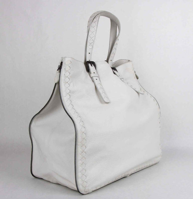 BOTTEGA VENETA Milk White Leather Zip Around Tote Bag Woven Detail