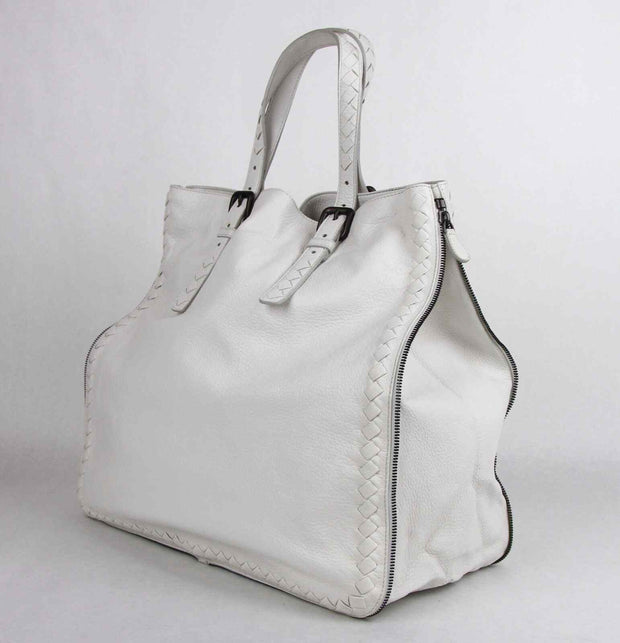 BOTTEGA VENETA Milk White Leather Zip Around Tote Bag Woven Detail
