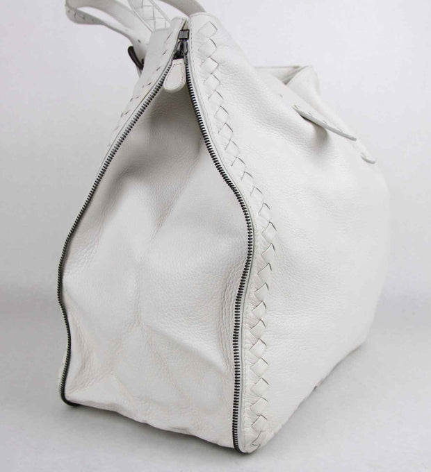 BOTTEGA VENETA Milk White Leather Zip Around Tote Bag Woven Detail